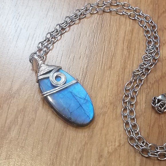 Hand Crafted Jewelry - Laboradorite Oval Pendant Silver Wrapped Stainless Steel Chain Necklace
